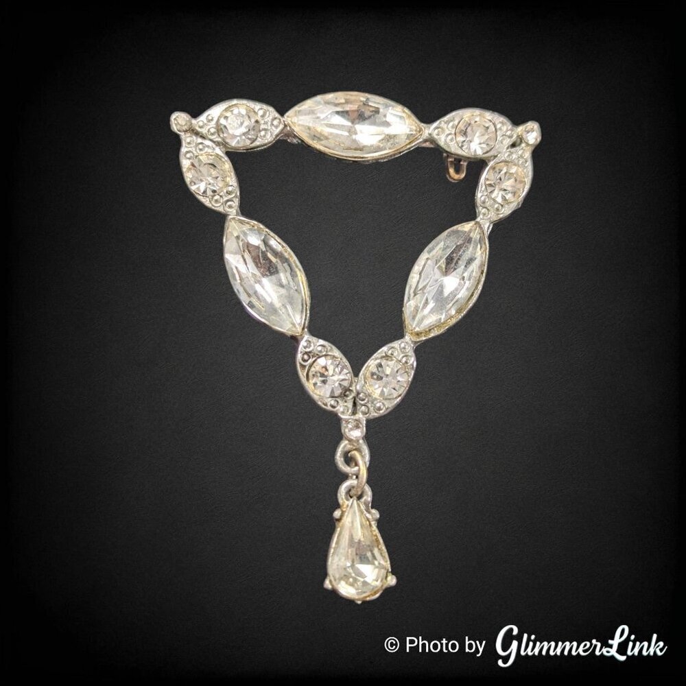 Vintage Rhinestone Triangle Brooch With Teardrop Dangle Silver Tone Pot Metal